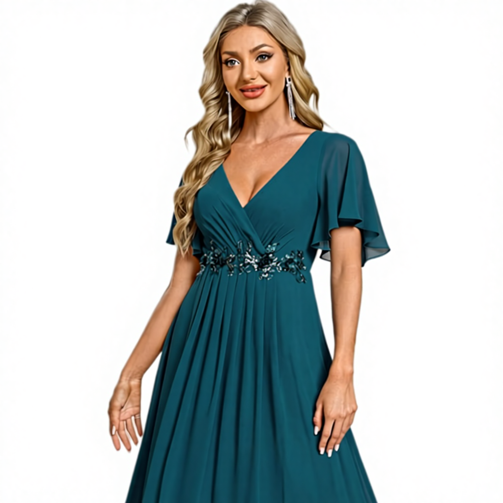sachin and babi light blue dress Ever-Pretty Women's Floor Length Long Lantern Sleeves Evening Dresses  Chiffon Deep V Neck Applique Wedding Guest Dress main image 0