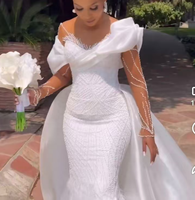 Vestido de Novia Sirena 2 en 1, Asimétrico, de Satén, con Volantes, Sobrevestido Desmontable, con Cuentas, Manga Larga Transparente, Vestido de Novia Africano