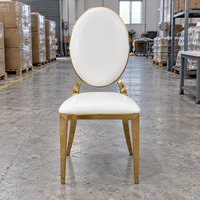 Chaise de salle à manger ovale en acier inoxydable doré, durable, avec dossier, en cuir PU blanc, pour salon, mariage, banquet, événement, hôtel, vente en gros