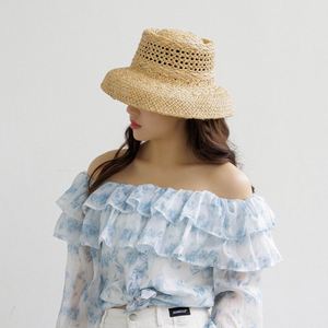 New Portable Handmade Silk Screen Printed Hollow Out Wide Brimmed Straw Ring Top Hat for Promotional Use - Product Image 4
