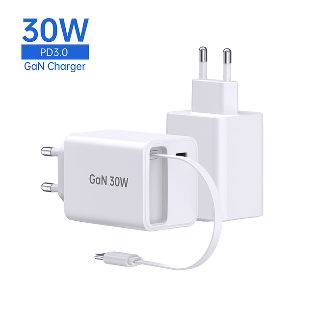 High-Speed 30W PD 3.0 GaN Charger with 1-Type C Port & 0.7m Retractable Cable Efficient Wall Charging Adapter