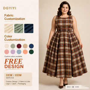 Abito Vintage a Quadri Oversize in Cotone 260GSM, Gonna Ampia, Collo Tondo, Senza Maniche, Maxi Abito Retrò da Donna, Logo Personalizzato OEM - Product Image 1