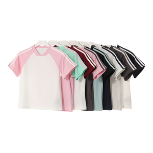 RUICHI <b>Women's</b> Sport <b>Tshirt</b> 260Grams 60%Cotton 40% Polyester <b>V</b> <b>Neck</b> Raglan Sleeve Stripe Casual Style Knitted Girls <b>Tshirts</b> - Product Image 4