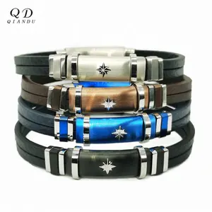 2020 Fashion Multi-layer Leather Bracelet Men Star Brand Stainless Steel Accessory Bangle Cuff Solid Polished Silver Plating