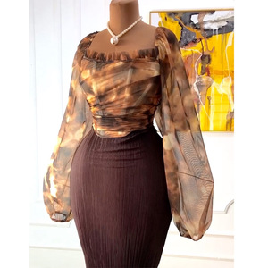 New Elegant <b>Square</b> Collar Lantern Sleeve Shirt High Waist Half-body Skirt Women's Casual 2-piece <b>Set</b> Fashion - Product Image 5