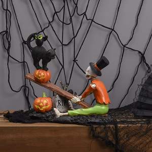 Halloween Skeleton Decor,Tombstone Seesaw Skeleton <strong>Cat</strong> Owl Statue with Pumpkin Lantern - Product Image 4