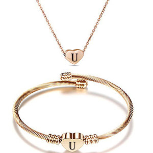 Stainless Steel Heart Necklace And <b>Bracelet</b> Set Rose Gold <b>Initial</b> M For Women Gift Jewelry Set - Product Image 5