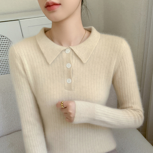女式 Polo 领半纽扣 100% 羊绒针织套头衫 立式罗纹修身长袖纯色海军蓝毛衣，适合日常通勤 - Product Image 6