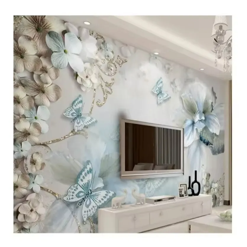 Custom European 3d Mural Flowers Butterfly Jewelry 3d Wallpaper Home Decor Living Room Wall Mural