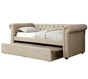 现代浅米色织物软垫全尺寸沙发床与 Trundle