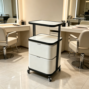 Chariot de rangement roulant moderne en bois à double plateau vitré, 4 roues, 2 tiroirs, pour salon de beauté, soins du visage, cils, spa, clinique, salon de réception - Product Image 1