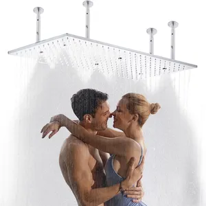 Dual Functions Luxury Rain 16"x32" Large Ceiling Full Body Shower Head With Silicone Nozzles Rectangle Waterfall Showerhead