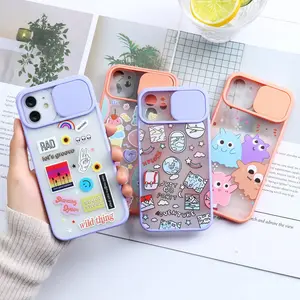 Grappige Leuke Cartoon Patroon Ontwerpen Tpu + Pc Shockproof Slider Camera Bescherming Matte Phone Case Voor Iphone 12 Pro Max