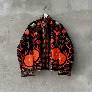 <b>Black</b> Floral Embroidered Blouson <b>Women</b> Stand Collar Long Sleeve Autumn Jacket <b>Coat</b> - Product Image 1