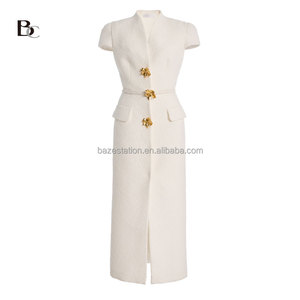 <span class=keywords><strong>Abbigliamento</strong></span> di fascia alta all'ingrosso di alta qualità OEM/ODM di fabbrica <span class=keywords><strong>su</strong></span> <span class=keywords><strong>misura</strong></span> colletto corto con maniche corte con tasche per cintura abito Midi in Tweed dritto - Product Image 3