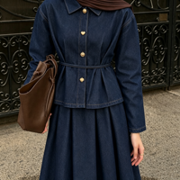 Ensemble Abaya deux pièces bleu denim personnalisé avec ceinture, taille froncée, vêtements modestes pour femmes musulmanes, Abaya tendance