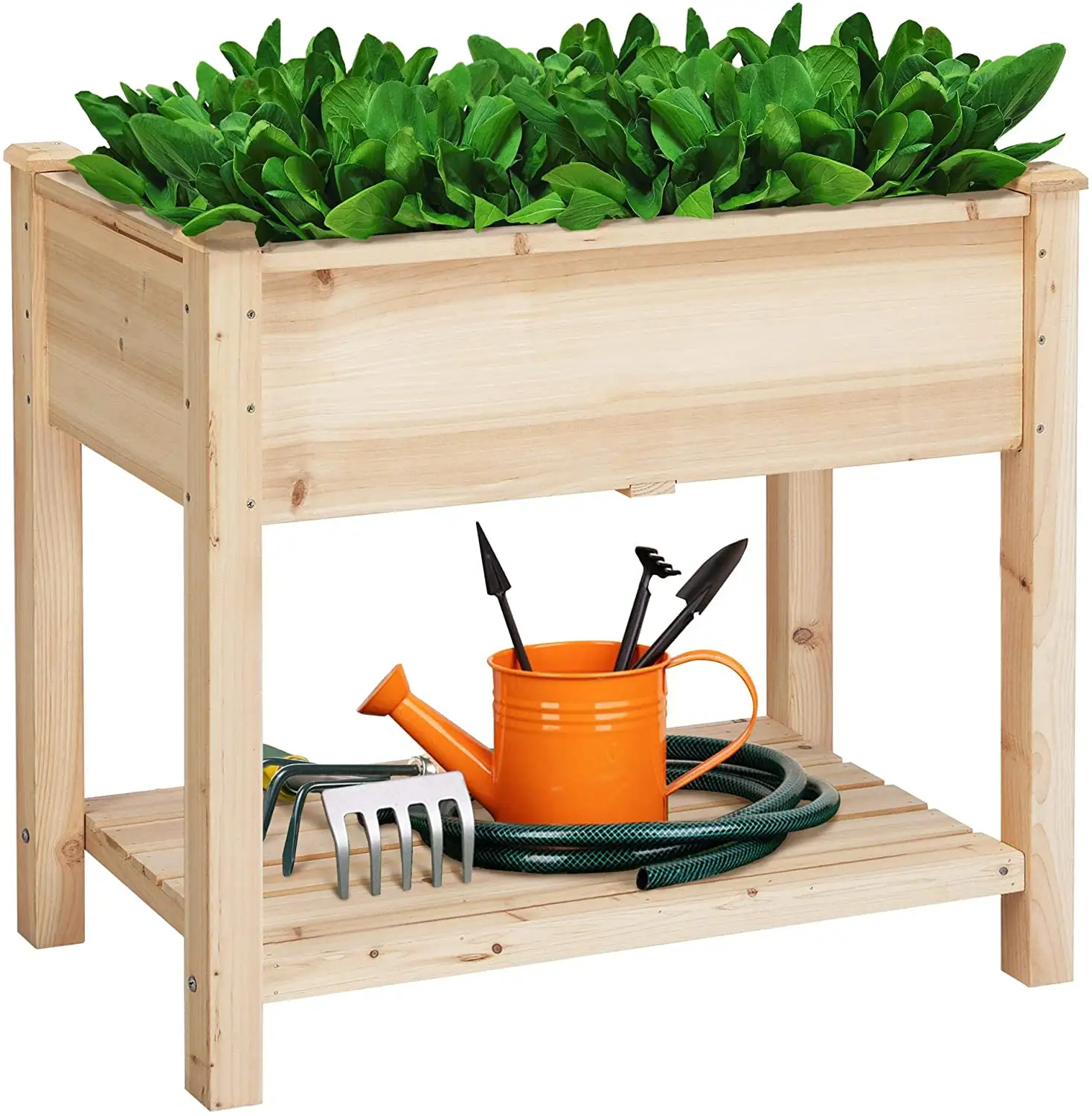 Lit de jardin surélevé en bois avec jambes, bacs à fleurs, boîtes de culture de légumes rehaussés avec étagère de rangement, Pot de plantes en bois