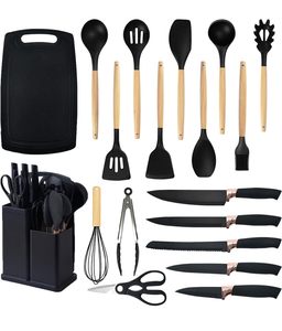 Set di 19 Utensili da <span class=keywords><strong>Cucina</strong></span> Premium in Silicone Nero LOVFE <span class=keywords><strong>con</strong></span> Manici in Legno, Lavabili in Lavastoviglie, per <span class=keywords><strong>Cucina</strong></span> Domestica - Product Image 3