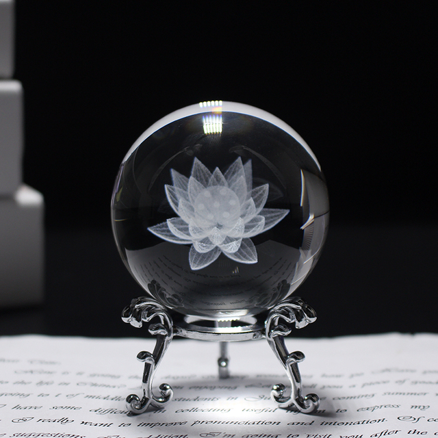 Free Sample 3D Laser Engraved Lotus 60mm Crystal Ball Glass Lotus Ball Wholesale