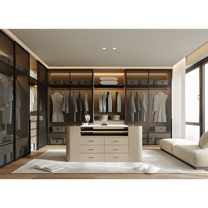 Dressing sur mesure de luxe avec portes vitrées modernes et commode à tiroirs orange, éclairage LED - Product Image 2