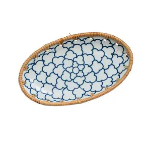 Plato de cerámica de mimbre hecho a mano, bandeja de comida para vajilla, estilo rústico