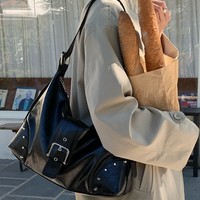Bolso Hobo de Cuero Encerado Vintage para Mujer con Remaches Metálicos y Correa de Hebilla, Gran Capacidad, Bolso de Hombro Cruzado/Axilar