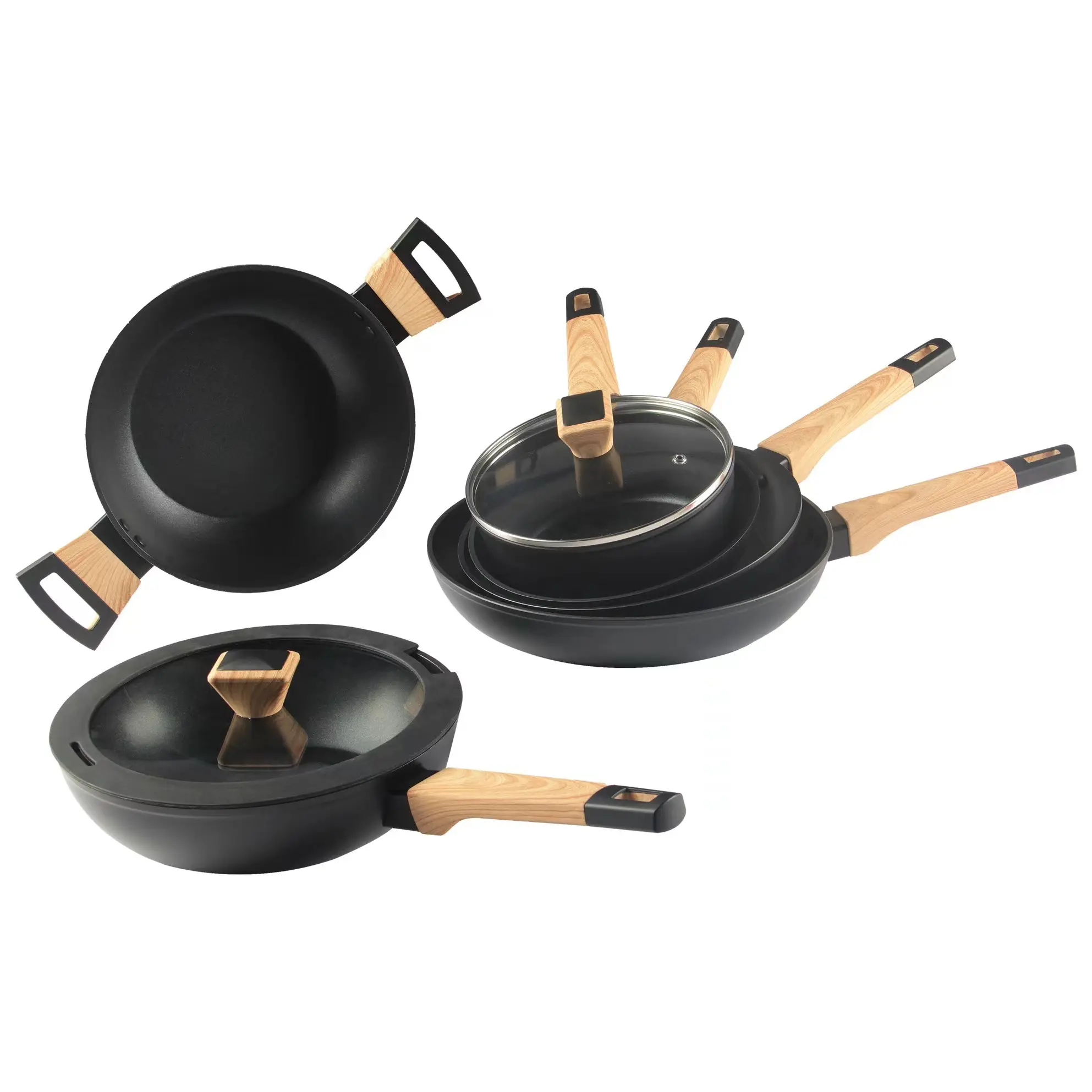 High quality dual layer nonstick aluminum frying pan wok pan cookware sets with wooden handle