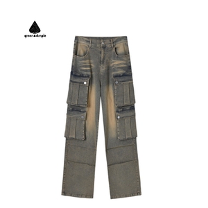 <span class=keywords><strong>Pantaloni</strong></span> <span class=keywords><strong>Cargo</strong></span> in Denim dai pesi massimi da <span class=keywords><strong>donna</strong></span> in Denim dai pesi massimi in Denim con pietra Multi tasca personalizzata Hip Hop con fossetta verde - Product Image 1