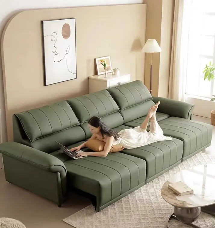 Canapé-lit électrique multifonctionnel italien léger et luxueux avec télécommande et canapé extensible en cuir de vachette pour le salon