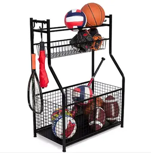 Organizador esportivo de garagem com cestas, equipamento de armazenamento com ganchos