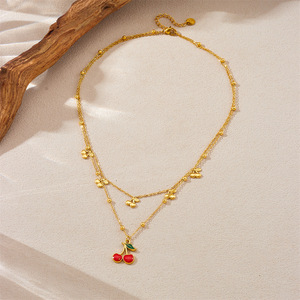 Cute Cherry Pendant Double Layered Necklace Zinc Alloy Chain Women Fashion Jewelry - Product Image 3