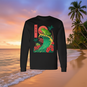 T-shirt giapponese a maniche lunghe con stampa digitale di rana che surfava, design con onde e palme, girocollo unisex per adulti - Product Image 2