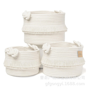 Cotton Rope Woven <b>Storage</b> <b>Basket</b> Set Round Beige Toy Diaper Organizer 3 Piece Bohemian Style Tassel Design - Product Image 1