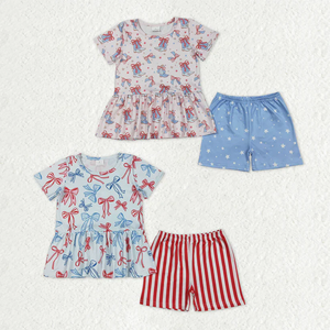 Wholesale Children Holidays <b>Clothes</b> Outfits Baby Girl <b>Clothes</b> National Day Bow Short Sleeve Shorts Sets - Product Image 1
