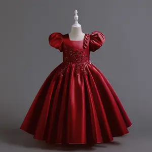 X50 שמלת ילדה אופנה אחרונה חדשה עיצוב ארוך שרוולים קצרים יפה תינוק ילדים פרח שמלת כלה