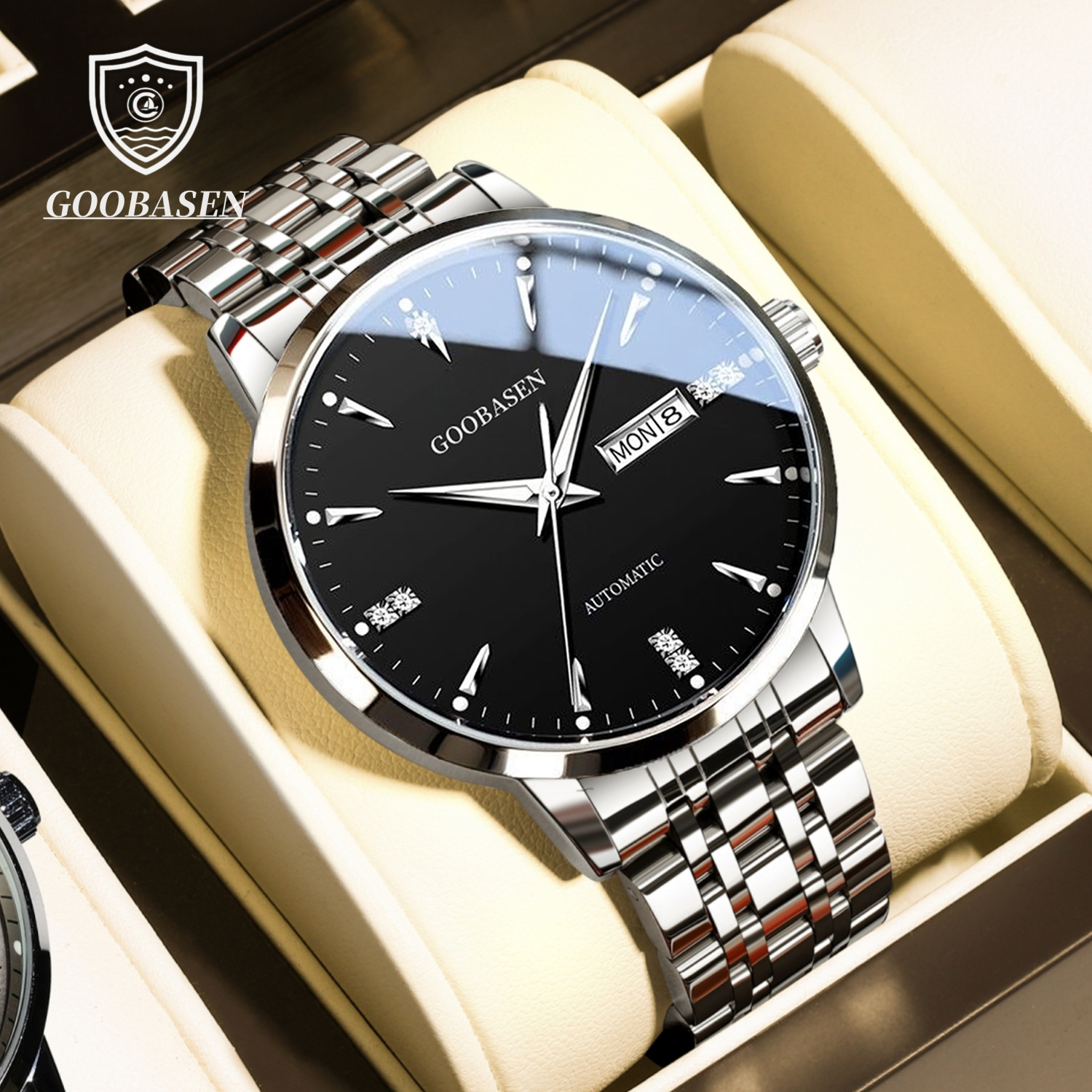 Boîtier argenté A81, cadran noir, bracelet en acier