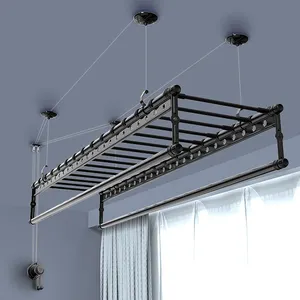 Balcony Outdoor Ceiling Hand Clothes Rack Clothes 3 Poles Aluminium Alloy Manual Lifting Clothes Drying Rack