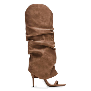 Customized logo Brown Pleated Elegant <strong>Women's</strong> <strong>Round</strong> Open <strong>Toe</strong> High-heeled <strong>Boots</strong>, Summer Style - Product Image 1