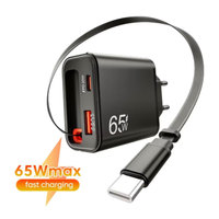 Adaptateur de chargeur de téléphone portable ultra fin 65W 20W PD Super Fast Charging avec câble Type C rétractable pour iPhone Samsung