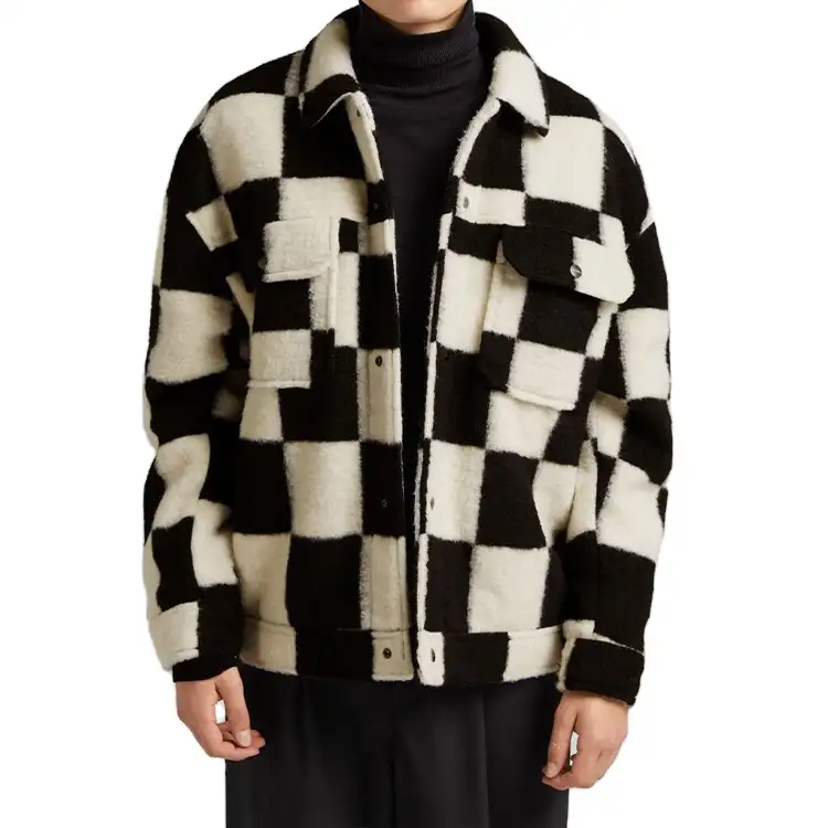Plaid pattern men wool jackets customized logo men winter jackets 100% polyester