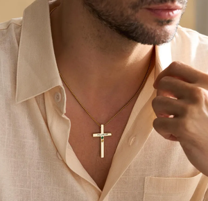 <span class=keywords><strong>Collier</strong></span> personnalisé gravé avec une croix et un pierre de naissance, en acier inoxydable plaqué <span class=keywords><strong>or</strong></span> 14 carats, chaîne réglable pour <span class=keywords><strong>homme</strong></span>, cadeau pour père - Product Image 3