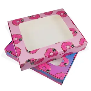 Boîte en carton ondulé rose personnalisée avec logo, imprimée quadricolore, réutilisable, auto-érectible, pliable, avec fenêtre carrée, pour donuts, vente en gros - Product Image 3