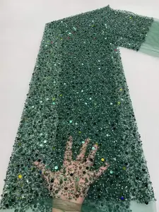 공장 가격 아프리카 Tulle 레이스 화이트 페르시 화려한 스팽글 저녁 수 놓은 반짝이 레이스 직물 웨딩 드레스