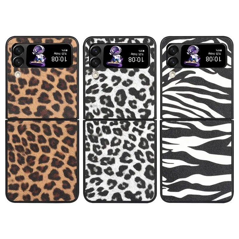 2023 Dropshipping PU Leather Leopard Cheetah Animal Print Tampa do telefone para Samsung Z Flip 4 Shockproof Protective Phone Case