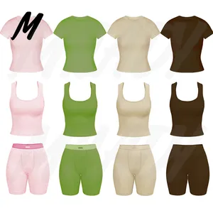 Custom Logo Cotton and Natural Biodegradable Fiber Ribbed Knit Women set Short Sleeve top and shorts Lounge wear Sets