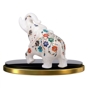 Handmade Handcrafted Polished White Marble Inlay <b>Elephant</b> Statue Semi Precious Stone Floral Pietra Dura Figurine Home <b>Decoration</b> - Product Image 2