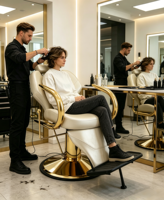 Sillón de Barbería Hidráulico Reclinable, Silla de Estilismo de Salón en Cuero Sintético Beige con Reposabrazos Dorado para Peluquería y Belleza