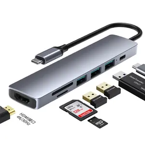 HUB Sta stasiun Dok Multiport Aluminium, Hub Tipe C ke 4K HDMI USB 3.0 USB 2.0 TF SD PD USB C Hub adaptor 7 in 1