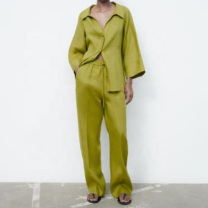Eco Friendly <span class=keywords><strong>misto</strong></span> <span class=keywords><strong>lino</strong></span> 2 pezzi primavera estate camicia a maniche lunghe <span class=keywords><strong>pantaloni</strong></span> larghi dritti da donna abiti Casual pigiami da salotto - Product Image 1