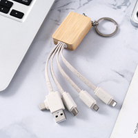 Gantungan kunci kabel pengisi daya Multi, Gantungan Kunci USB c dua tarikan, tiga kabel Data bambu Tipe C untuk ponsel